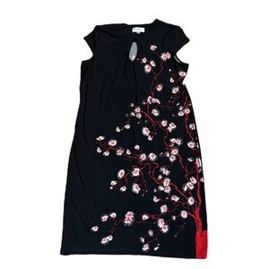 Nikki Poulos Cherry Blossom Dress 1X Black Red Floral Midi Sheath Keyhole Neck